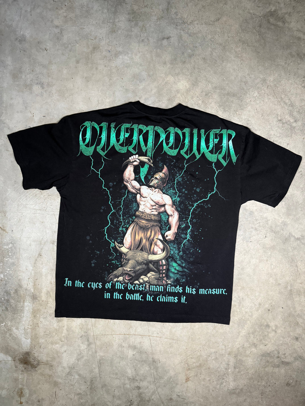 OverPower Strength Wear Hercules and the Horn of Abundance oversized tee laid flat, back view with green gothic print