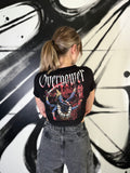 OverPower Strength Wear black crop tee worn, back view: Kali with blue skin and a raised sword on a red background, white gothic OverPower lettering