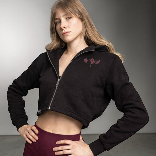 OverPower Strength Wear black cotton fleece crop zip-up hoodie with graphic detail and metal zipper.