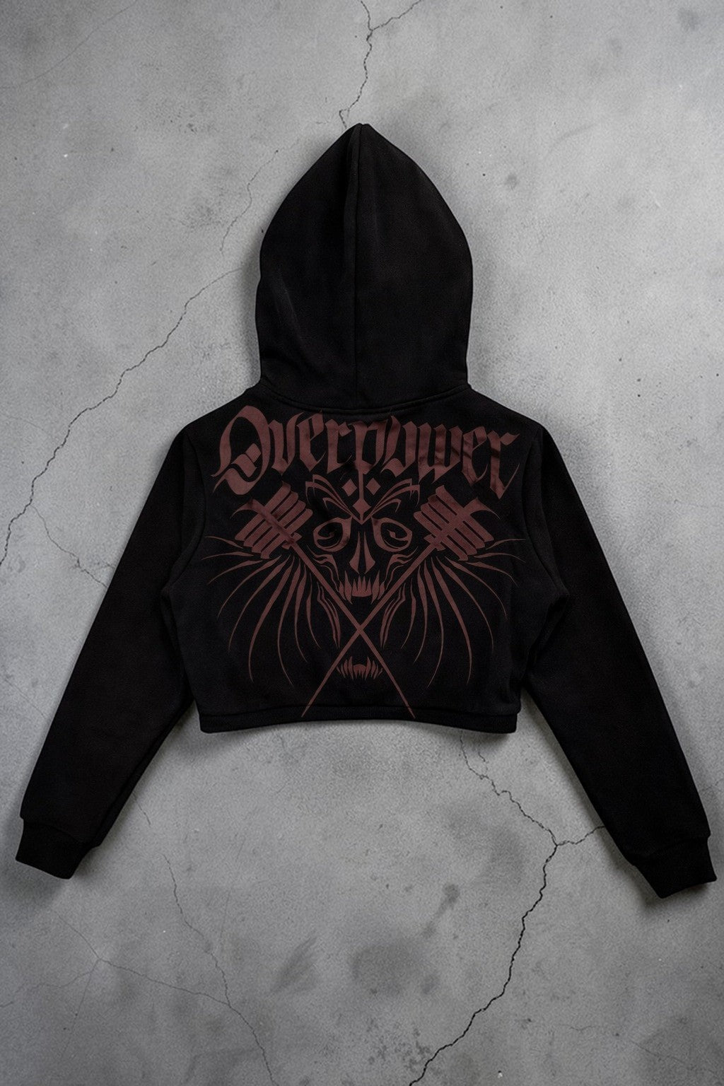 OverPower Strength Wear black cotton fleece crop zip-up hoodie with dark graphic print on back.