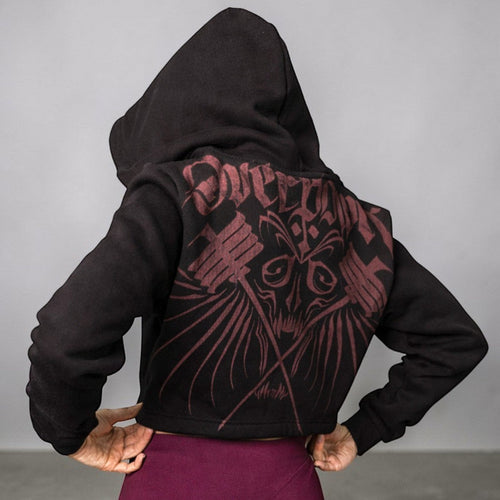 OverPower Strength Wear black cotton fleece crop zip-up hoodie with graphic print on back. Ideal for gym.