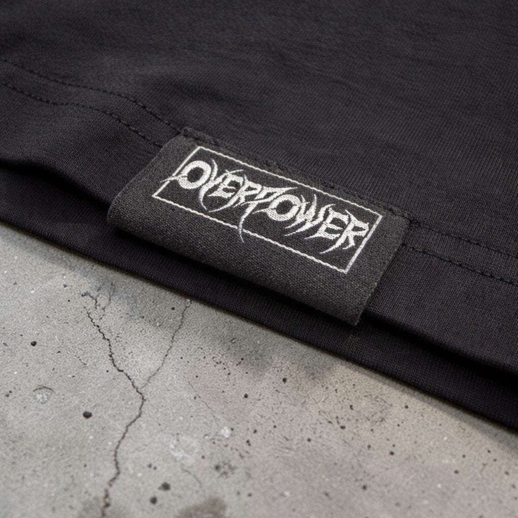 OverPower Strength Wear black oversized cotton-spandex blend gym t-shirt with Hell's Gate graphic detail.